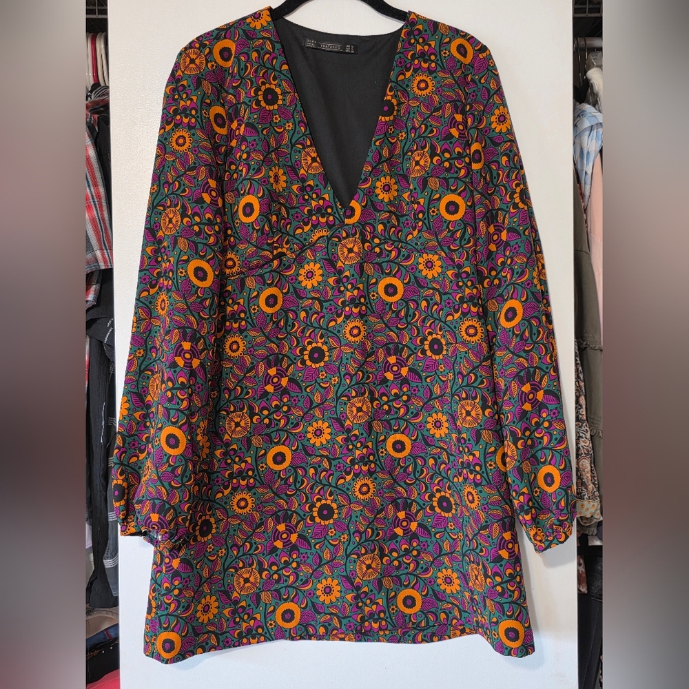 Zara Trafaluc Floral A Line Long Sleeve Mini Dress